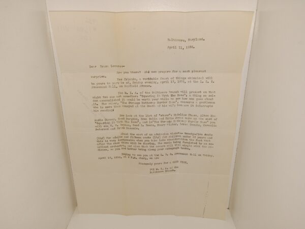 M. I. A. Invitation to a Drama Performance in Baltimore Maryland (Dated April 11, 1936)