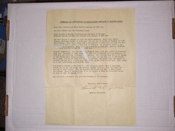 Itinerary and Instructions for Missionaries Appointed to Eastern States (Letter) (Unknown Date)
