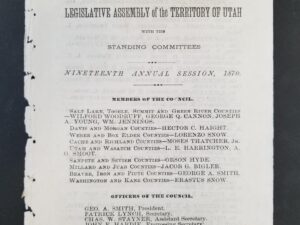 1870 — Names of the Members and Officers of the Legislative Assembly of the Territory of Utah with the Standing Committees — Nineteenth Annual Session, 1870 — Extremely Rare!