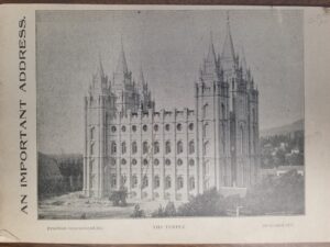 1896 — An Important Address / The Temple / Erection Commenced 1853 / Dedicated 1893