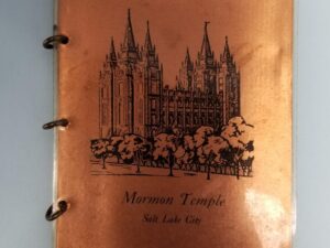 Mormon Temple – Salt Lake City —- Articles of Faith —- Utah Centennial 1847-1947 —- 2 Laminated Copper Plates with 3 Rings