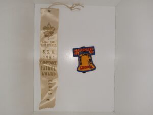2 Boy Scout Items: B.S.A. 1951 Camporee Patrol Award Ribbon, and Camporee 1952 National Capital Area Council Patch