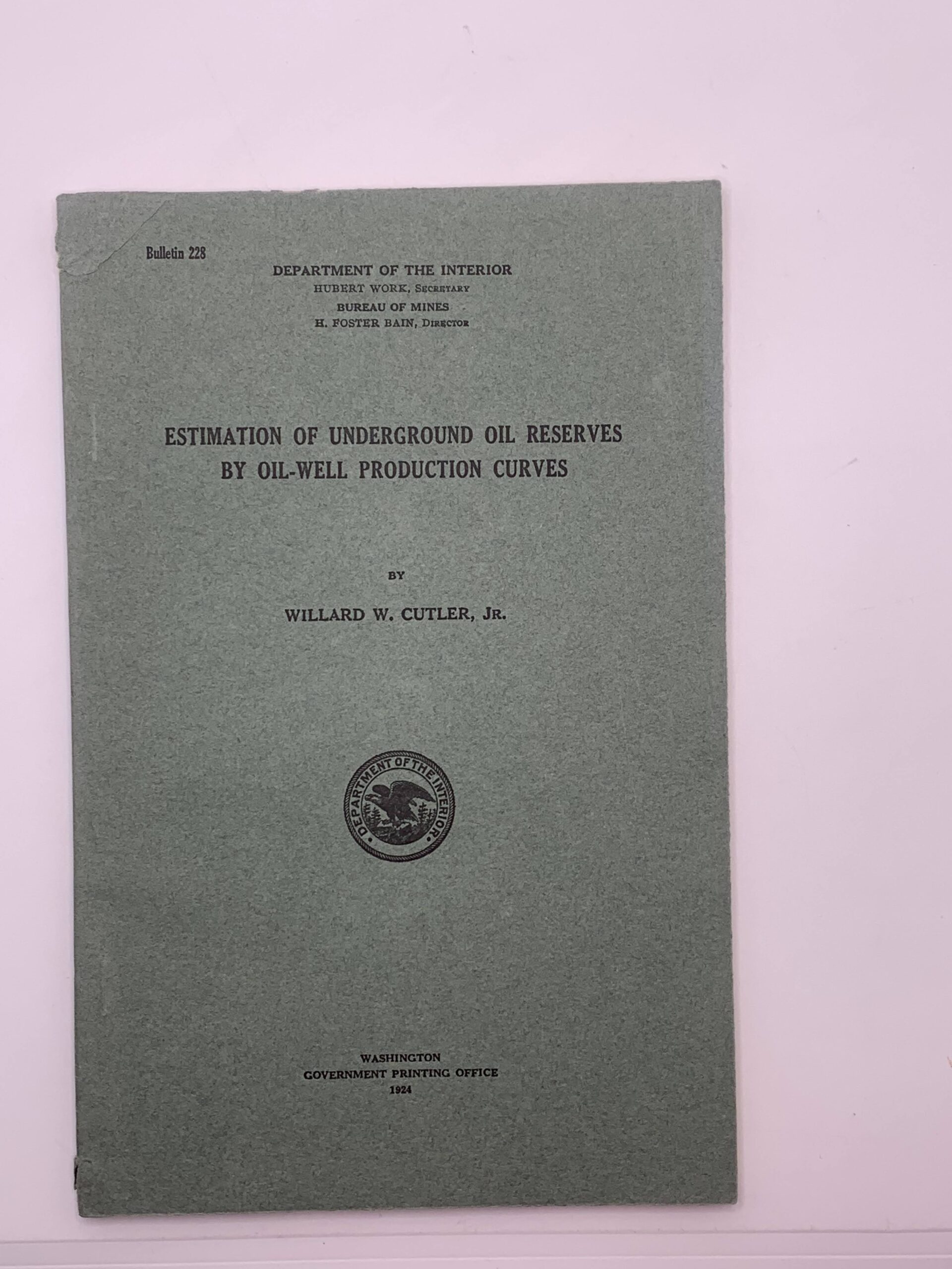 Department of the the Interior: Bulletin 228: Estimation of Underground Oil Reserves by Oil-well Production Curves (1924) by Willard W. Cutler