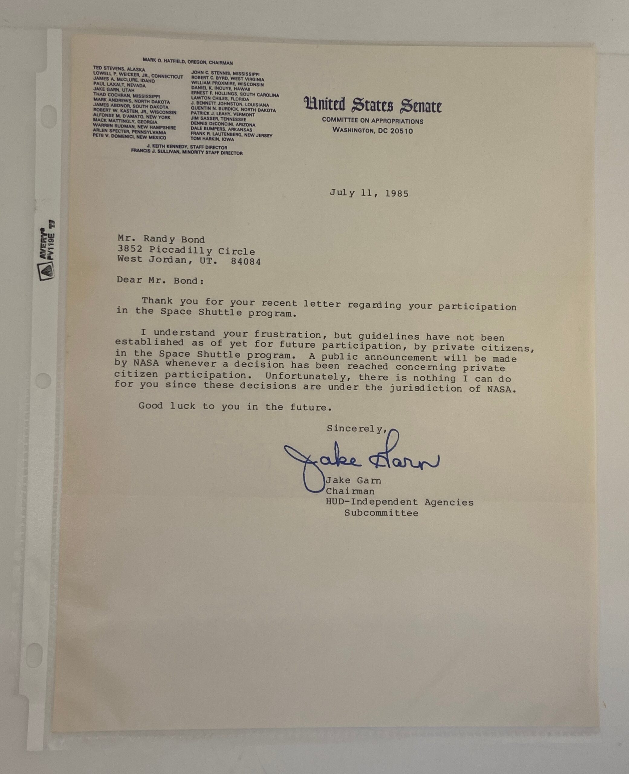 US Senate Committee on Appropriations – July, 11, 1985 – Written/signed by: Utah Senator Jake Garn