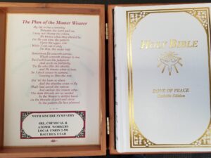 1986 — Holy Bible / Dove of Peace — Catholic Edition — White Leather Book in Cedar Box