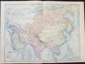 1899 — Map of Asia — in Color — Measures 16″ x 22″ — [Russian Empire, Chinese Empire, Mongolia, India, Empire of Japan, Turkish Empire, Persia, Arabia, Siam
