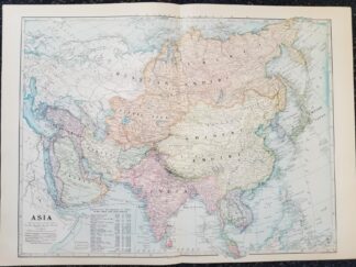 1899 — Map of Asia — in Color — Measures 16″ x 22″ — [Russian Empire, Chinese Empire, Mongolia, India, Empire of Japan, Turkish Empire, Persia, Arabia, Siam