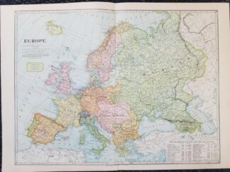 1899 — Map of Europe— in Color — Measures 16″ x 22″ — [British Isles, Great Britain, Spain, France, German Empire, Russia, Austria-Hungary, Italy, Turkey, Portugal, Sweden, Denmark, Netherlands, Belgium, Norway, Iceland]