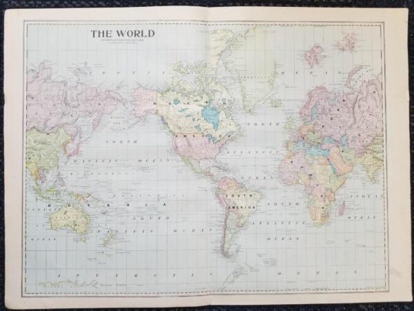 1899 — Map of the World — in Color — Measures 16″ x 22″