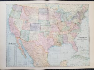 1899 — Map of the United States & Adjacent Countries: Mexico, Cuba, Canada, Etc. — in Color — Measures 16″ x 22″