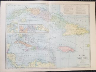 1899 — Map of Cuba with General Map of the West Indies — in Color — Measures 16″ x 22″