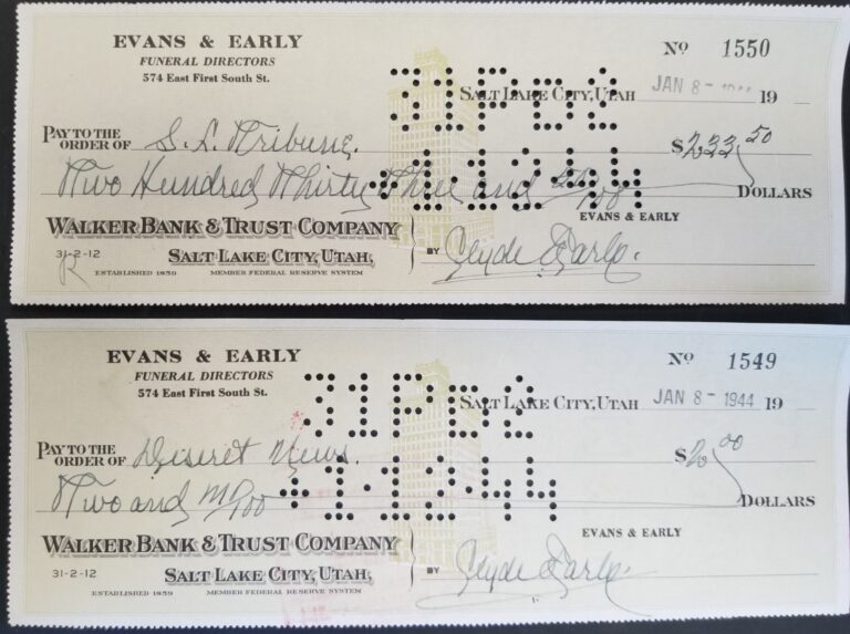 1944 --- 2 Old Cancelled Checks --- to Deseret News & the Salt Lake Tribune Newspapers