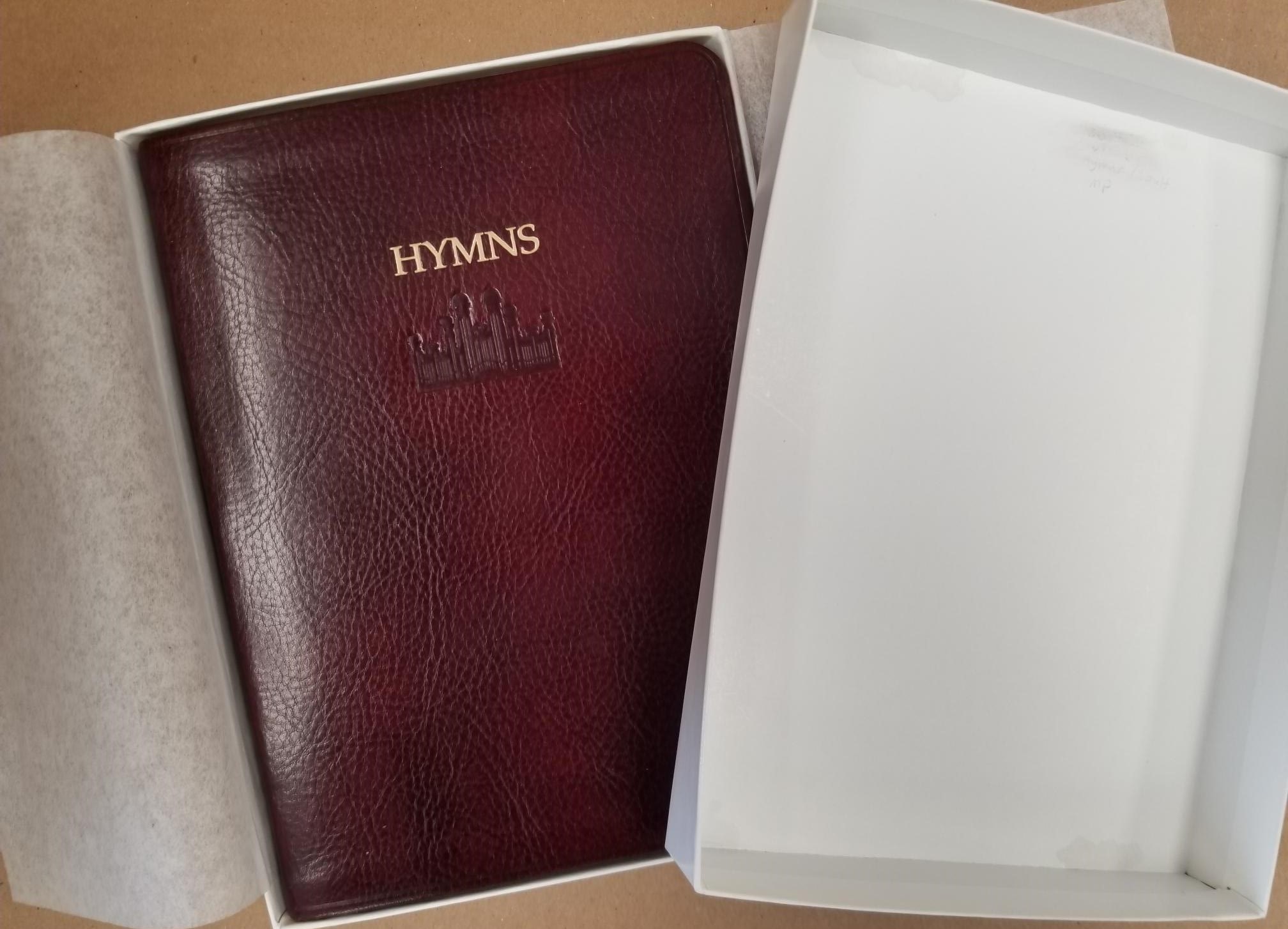 2008 — Hymns — Burgundy Italian “Invecchiato” Leather — In Original Box — Church Employee Christmas Gift Edition