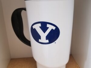 BYU Plastic Drinking Mug — White with Black Lid and Handle — Thermo-Serv 34z
