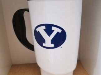 BYU Plastic Drinking Mug --- White with Black Lid and Handle --- Thermo-Serv 34z