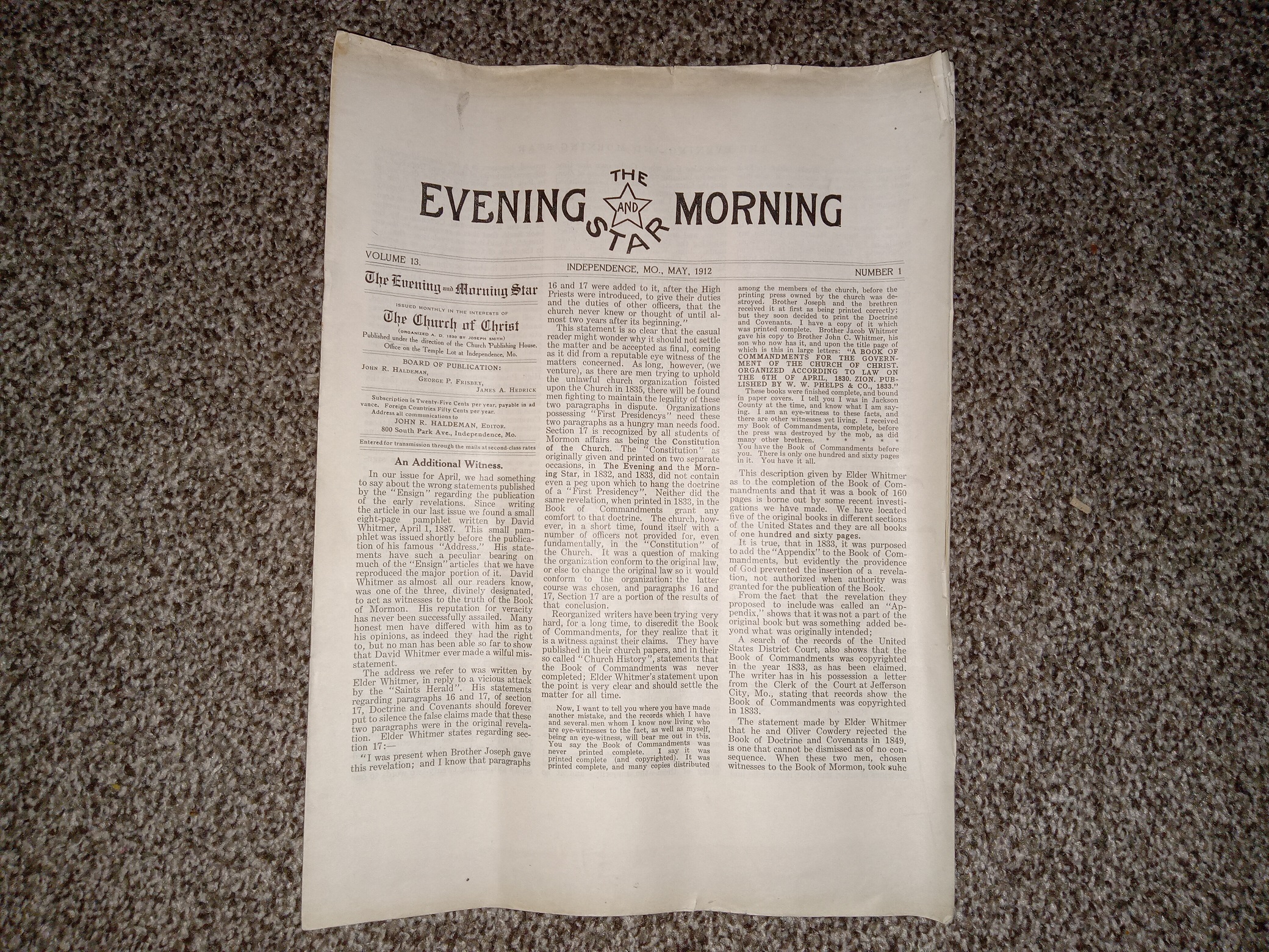 The Evening and Morning Star: Vol. 13, No. 1, Independence, MO., May, 1912 (Newspaper) (1912)