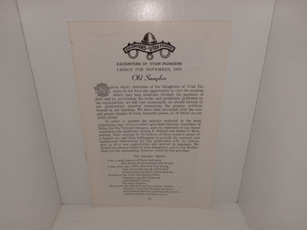 Daughters of Utah Pioneers: Lesson for November, 1978: Old Samplers (1978)