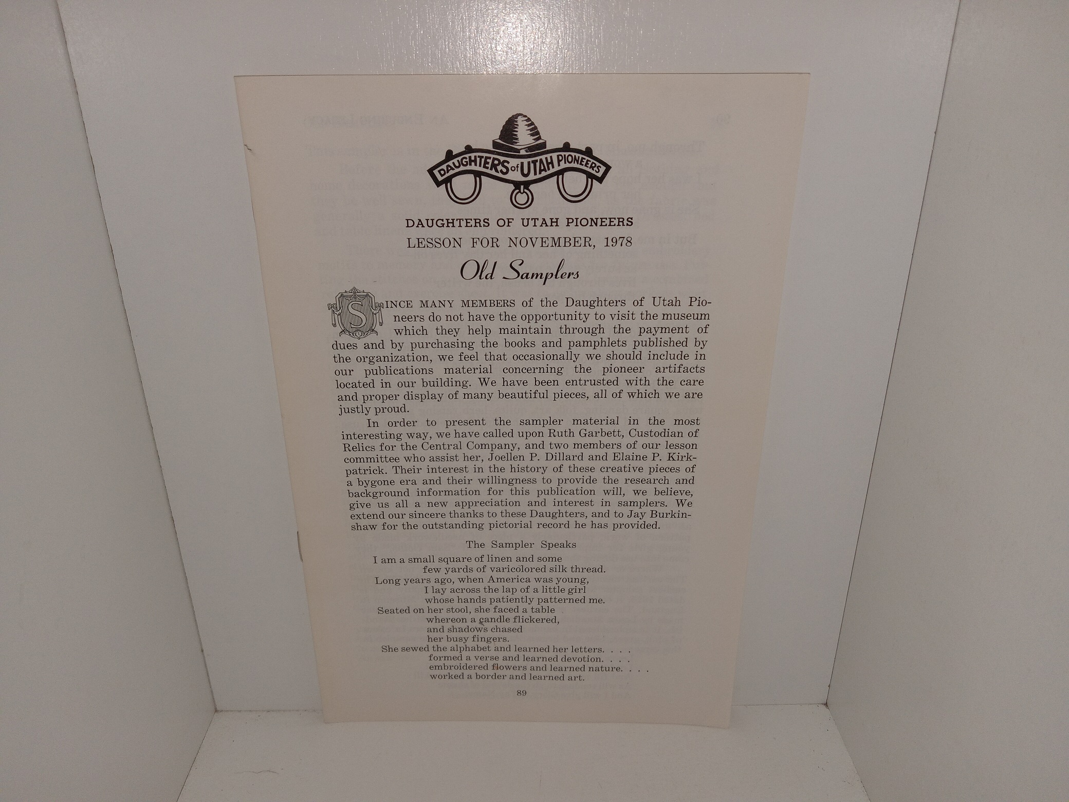 Daughters of Utah Pioneers: Lesson for November, 1978: Old Samplers (1978)