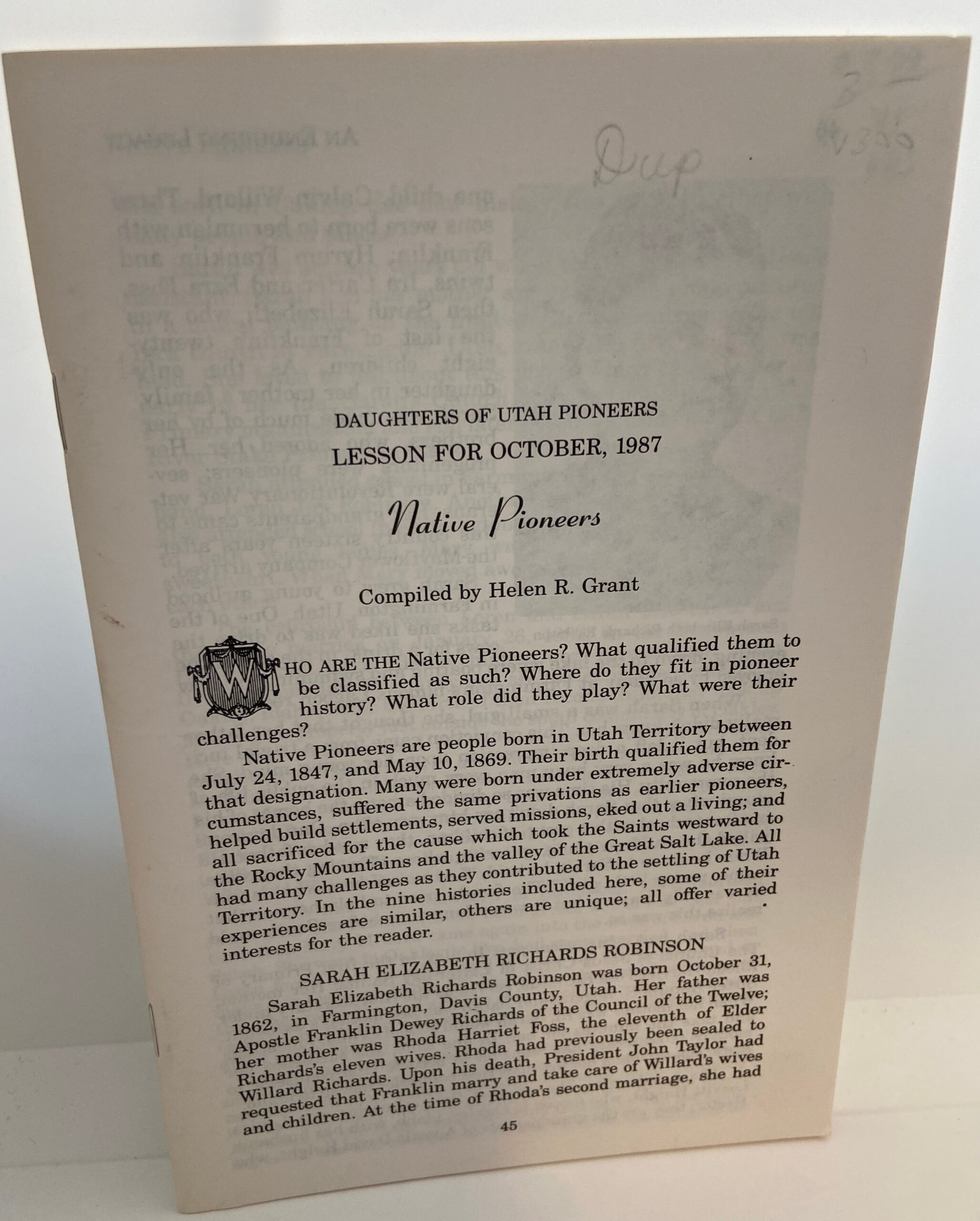 Daughters of Utah Pioneers Lesson for October, 1987: Native Pioneers (1987)