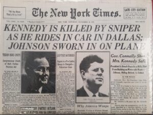 Newspaper About the Assassination of President John F. Kennedy — The New York Times, November 23, 1963 — “Kennedy is Killed by Sniper as He Rides in Car in Dallas; Johnson Sworn in on Plane”
