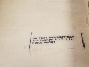 Ream of Paper — “For First Presidency Only” — 8 1/2 x 14 — 3-Hole Punch — [blank parchment]