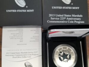 2015 — United States Marshals Service 225th Anniversary Commemorative Proof Silver Dollar Coin — In box with Certificate of Authentication