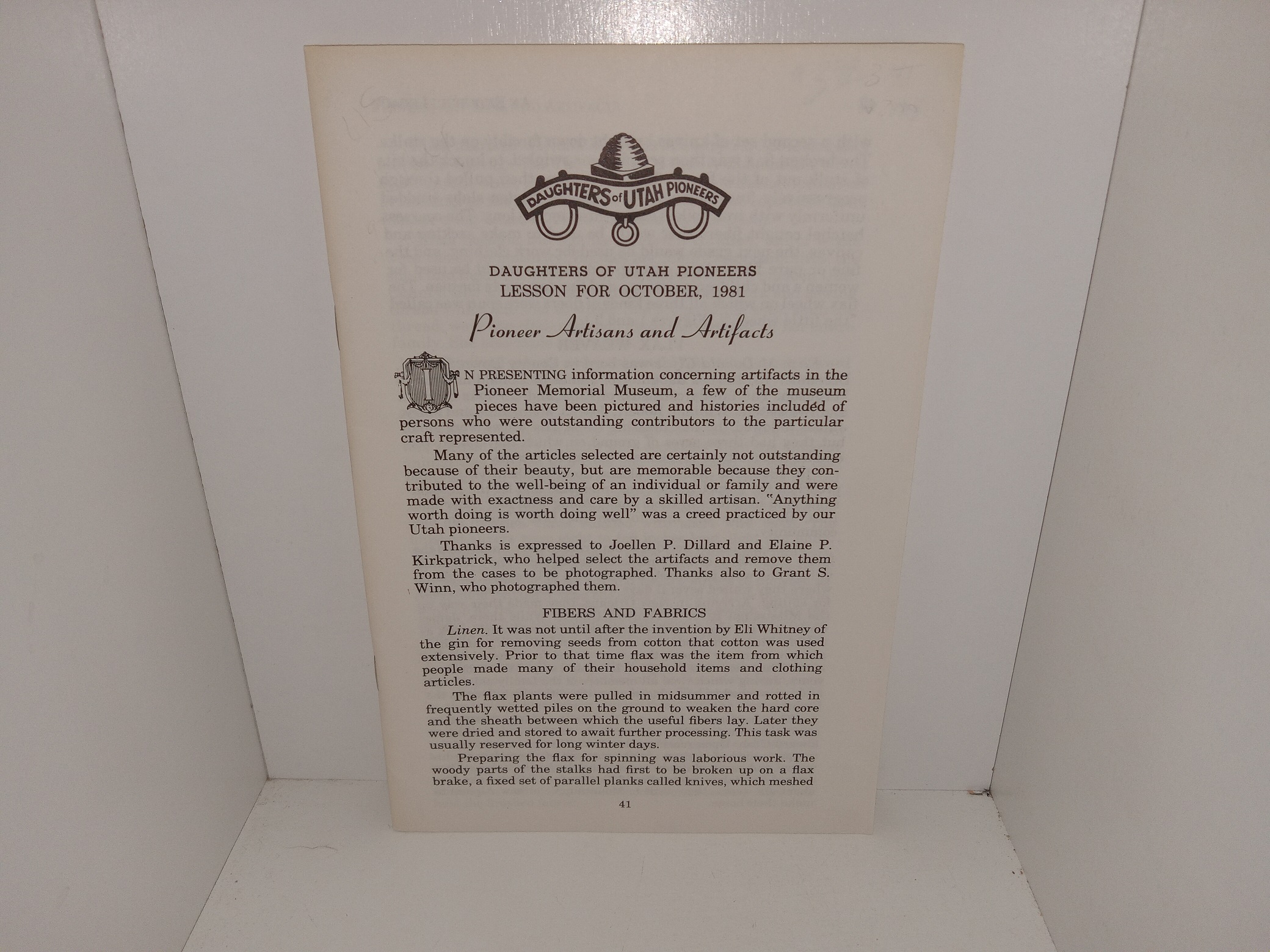 Daughters of Utah Pioneers Lesson for October, 1981: Pioneer Artisans and Artifacts (1981)