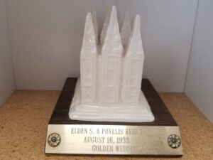 Small Enamel Rendition of the Salt Lake LDS Temple on Wood Base — “Elden S. & Phyllis Reid Tanner, August 16, 1933-1983 Golden Wedding”
