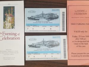 “An Evening of Celebration” with President Gordon B. Hinckley — Featuring Mormon Tabernacle Choir, The Orchestra at Temple Square and Guest Artists — Booklet/parking pass/2 tickets — 23 June 2000, 7PM