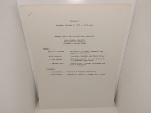 Session V: Tuesday, October 7, 1975 — 8: a.m.: “Mormon Ethics and Institutional Behavior” (1975) ~ by Colin Wright, Robert G. Crawford, Allen Sanderson, F. Reed Johnson, L. Mayland Parker, Robert Basmann, and Ronald Teeples