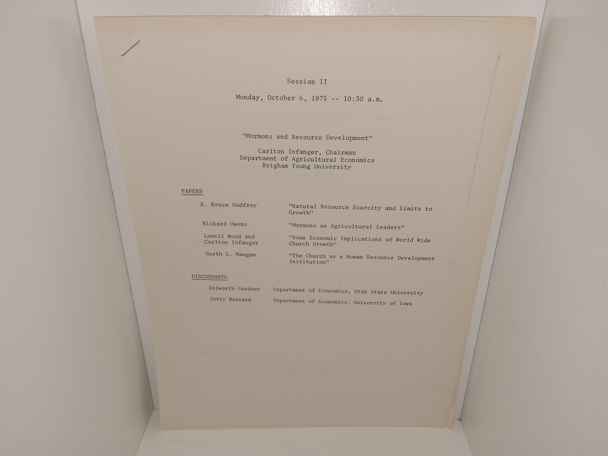 Session II: Monday, October 6, 1975 — 10:30 a.m.: “Mormons and Resource Development” (1975) ~ By E. Bruce Godfrey, Richard Owens, Lowell Wood and Carlton Infanger, Garth L. Mangum, Delworth Gardner, and Jerry Barnard