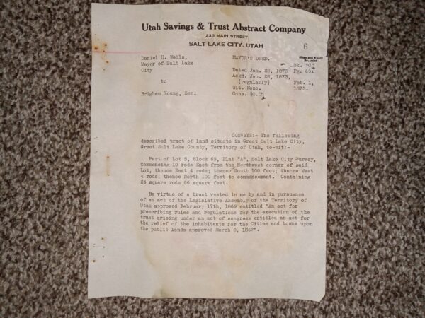Utah Savings & Trust Abstract Company: Mayor’s Deed: 6 (1873)