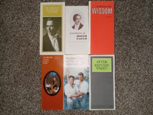 6 LDS Pamphlets: The Greatest Message of Our Time / Contributions of Joseph Smith / A Word of Wisdom / Moroni: Prophet, Soldier, Scribe / “Baptism, How and by Whom Administered?” / After Baptism What? (See Details))