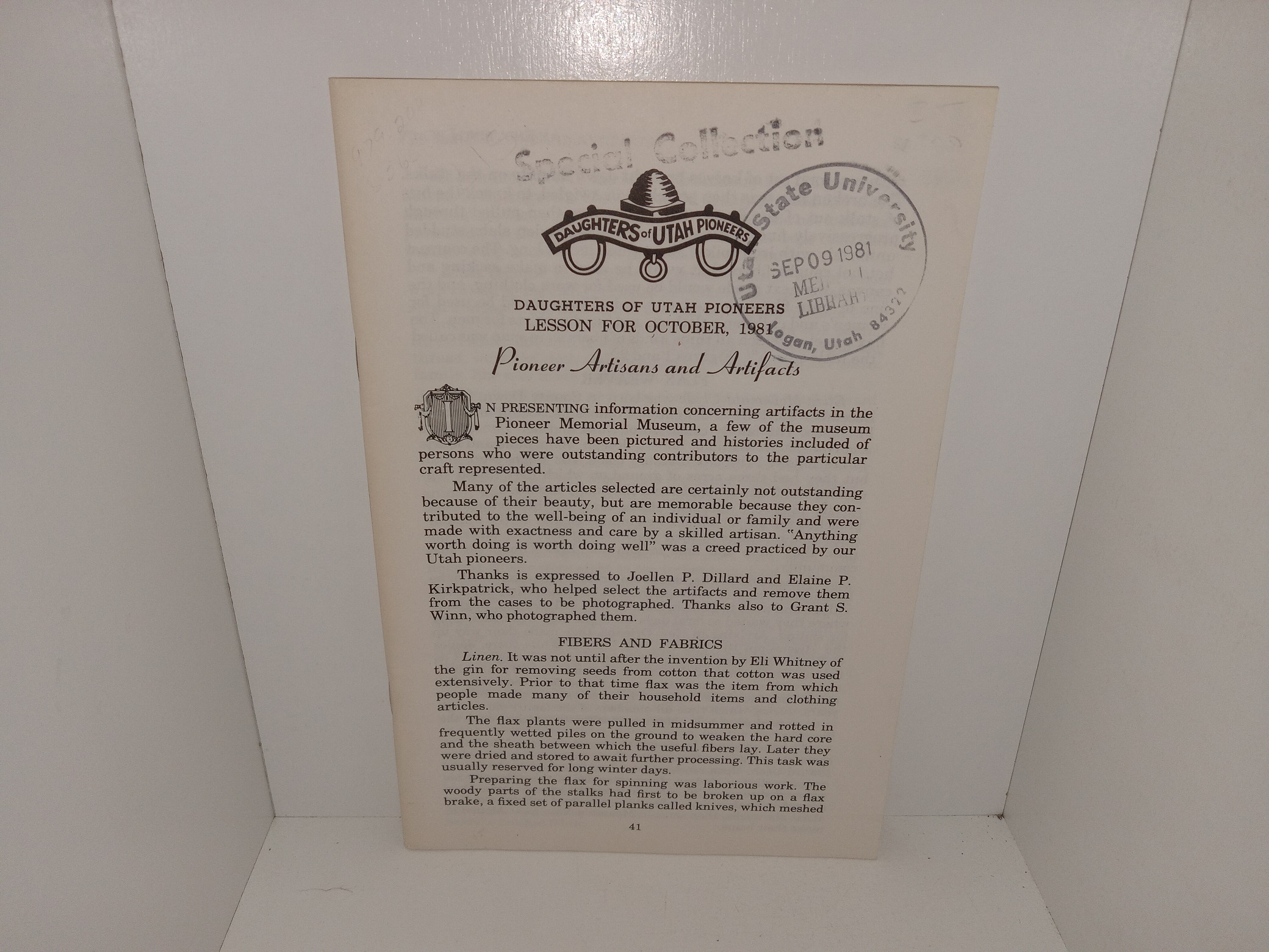 Daughters of Utah Pioneers: Lesson for October, 1981: Pioneer Artisans and Artifacts (1981)