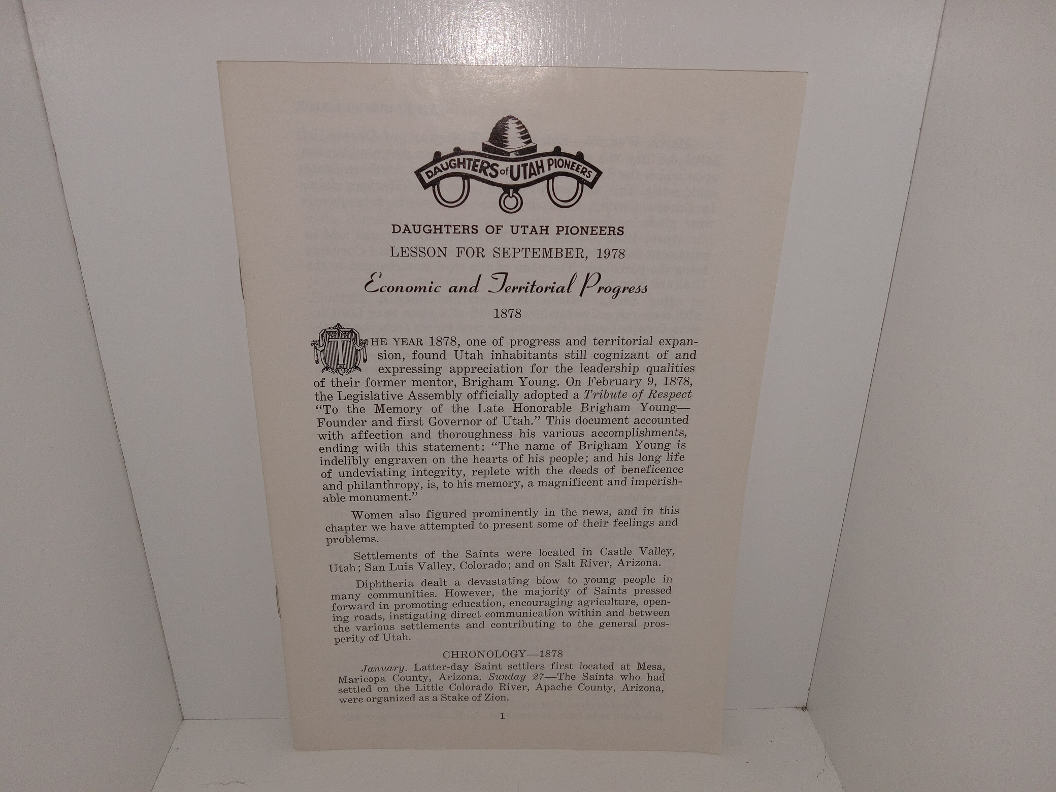 Daughters of Utah Pioneers: Lessons for September, 1978: Economic and Territorial Progress: 1878 (1978)