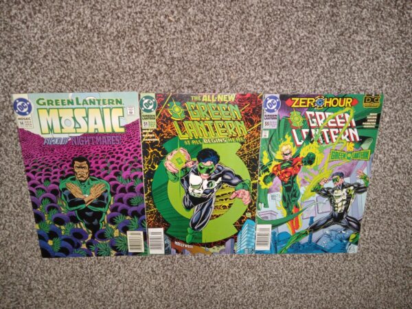 3 Green Lantern Comic Books by DC: Green Lantern: Mosaic: Field of Nightmare: No. 14, Jul. 93 / The All-New Green Lantern: It All Begins Here!: No. 51, May 94 / Zero Hour: Green Lantern VS. Green Lantern: No. 55, Sept. 94 (See Details)