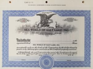 Stock Certificate / Not Filled Out — Sea World of Salt Lake, Inc.