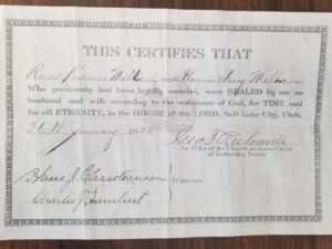 1923 — Certificate of Being Sealed in an LDS Temple — Signed by Elder George F. Richards (President of the Quorum of Twelve Apostles)