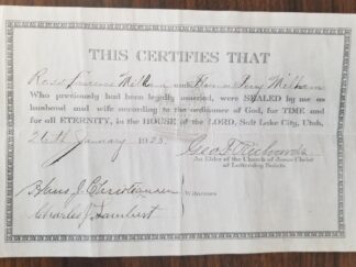1923 --- Certificate of Being Sealed in an LDS Temple --- Signed by Elder George F. Richards (President of the Quorum of Twelve Apostles)