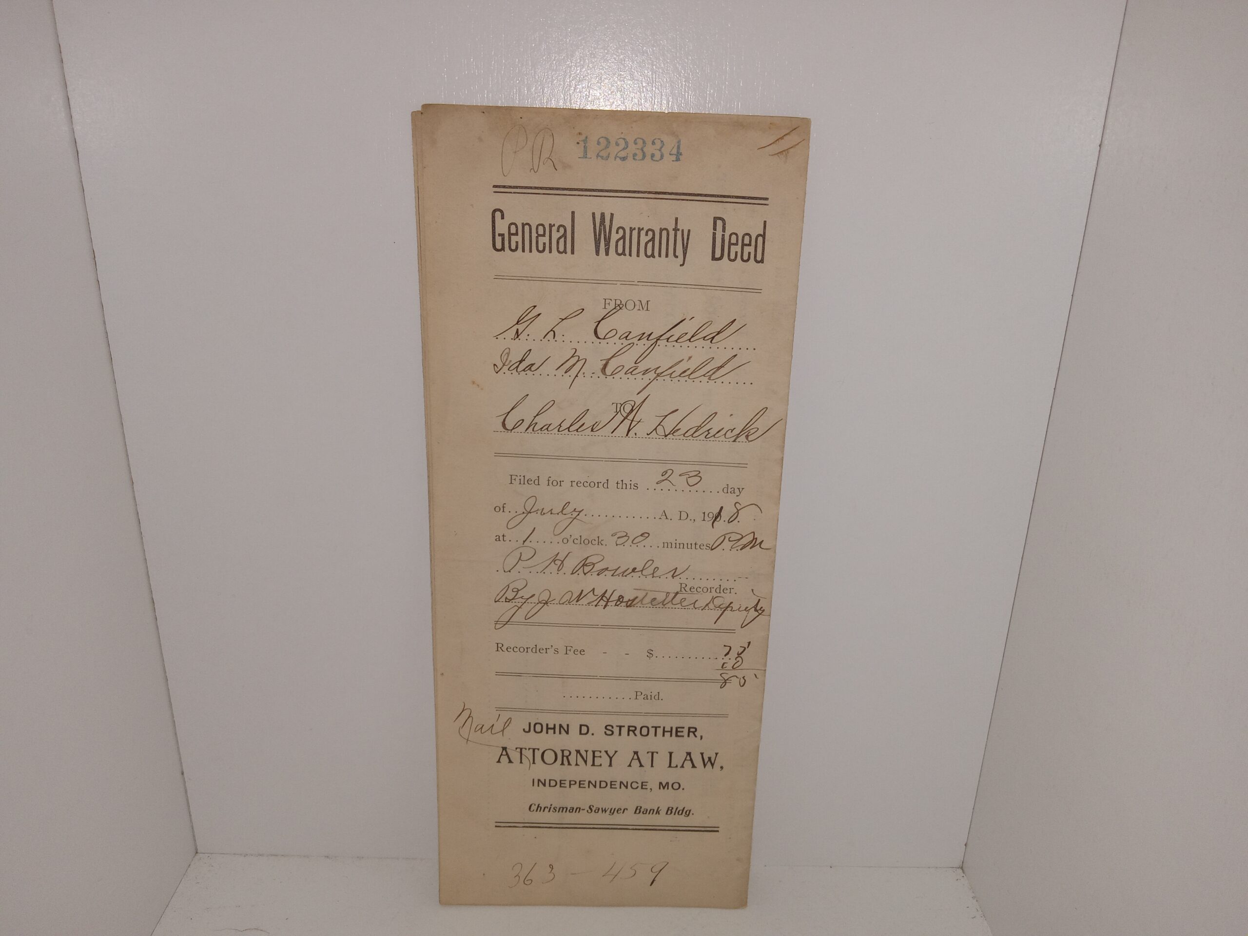6 Old Deeds from Missouri, All Filled Out Dating from 1882 to 1921 (4 General Warranty Deeds, 1 Quit Claim Deed 1 Trust Deed)