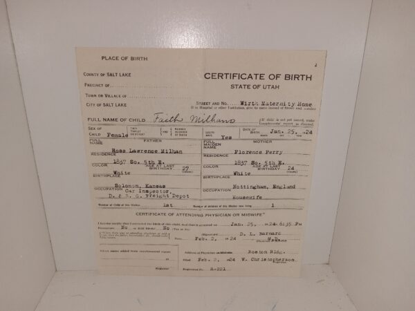 A Utah Birth Certificate for Faith Milham (1924)