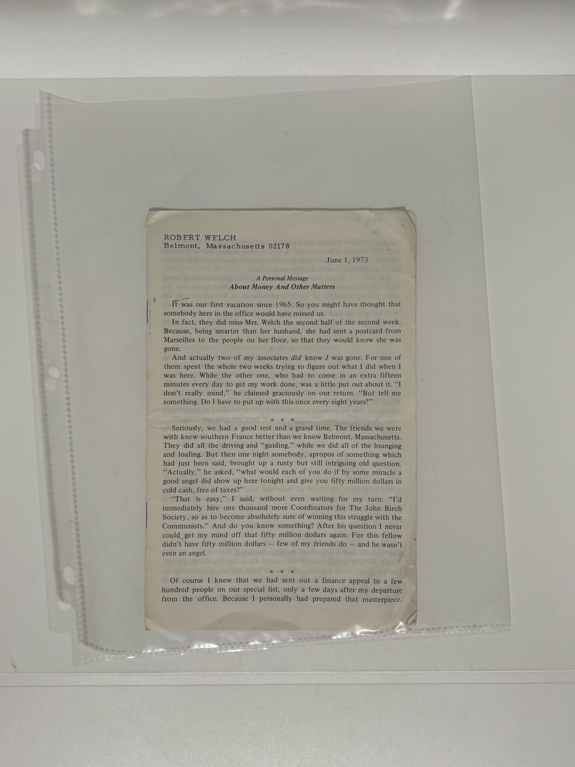 About Money and other Matters personal message (pamphlet) by Robert Welch June 1, 1973