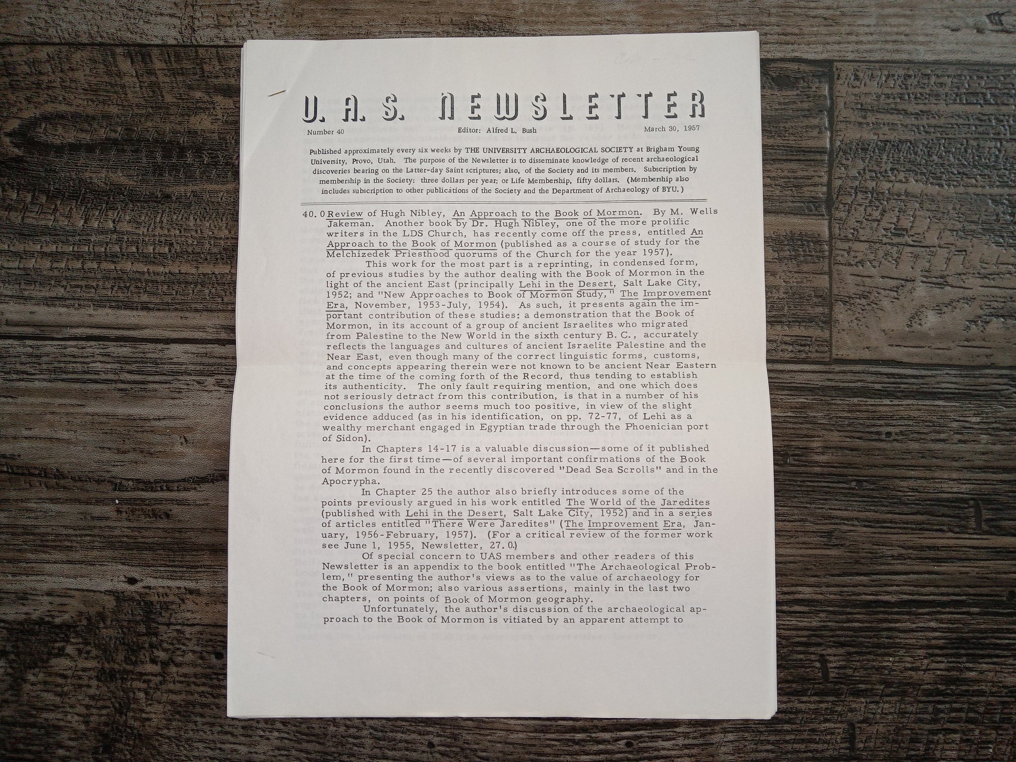 V.A.S. Newsletter: No. 40, March 30, 1957 (1957) ~ Edited by Alfred L. Bush