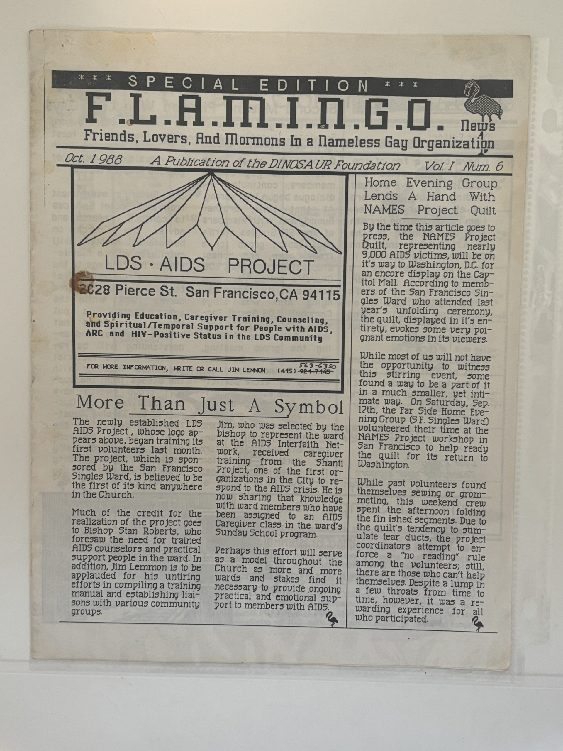 F.L.A.M.I.N.G.O. (Friends, Lovers, and Mormons in a Nameless Gay Organization Vol 1 No 6 Oct. 1988