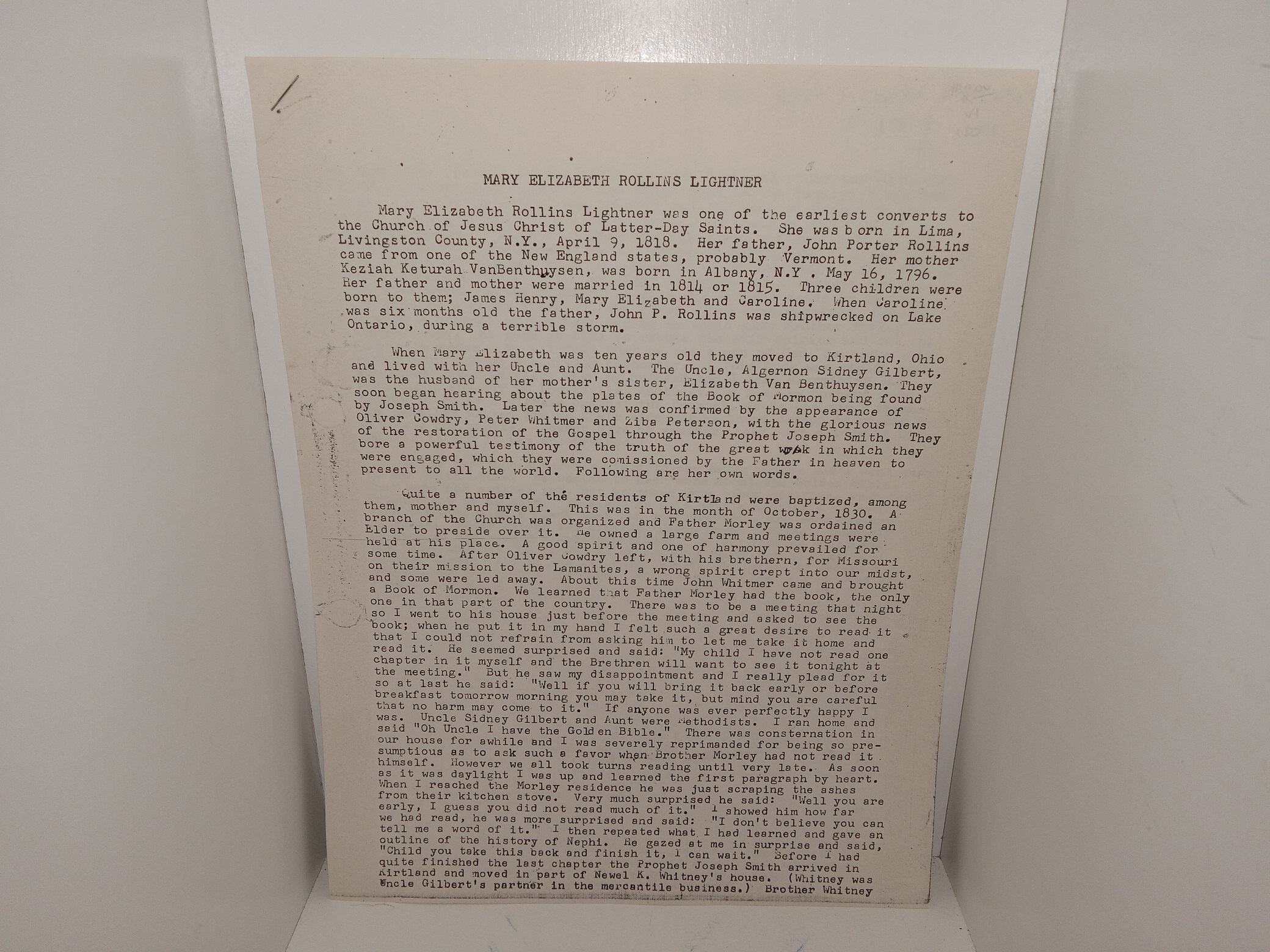 Mary Elizabeth Rollins Lightner (20 Page Typed & Stapled Biography) (Unknown Publishing Date) ~ Unknown Author