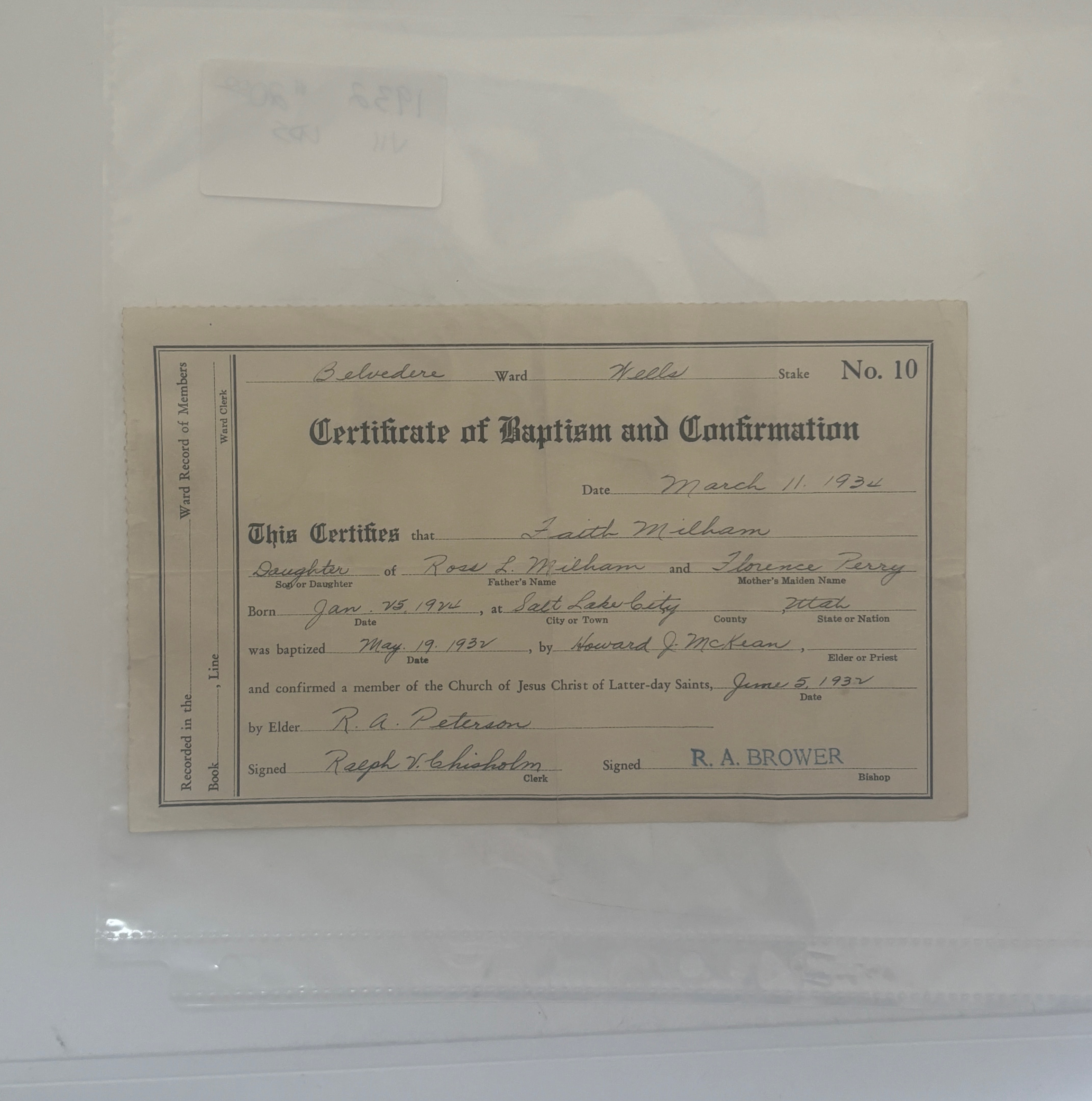 Baptismal Certificate of Faith Milham – 1932