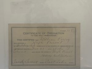Certificate of Ordination to The Holy Priesthood for William Perry – 1921