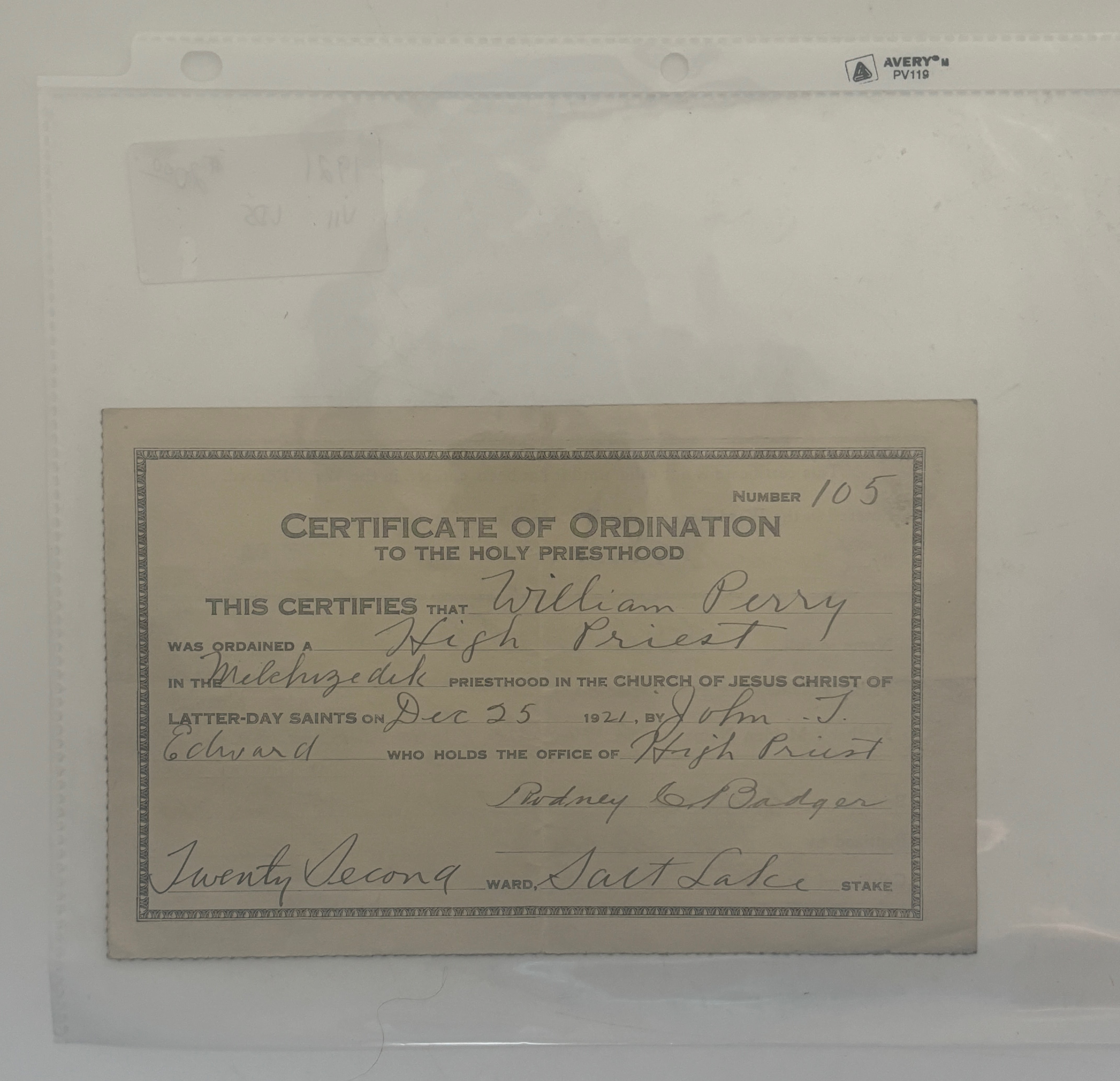 Certificate of Ordination to The Holy Priesthood for William Perry – 1921