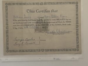 Sealing Certificate of William Perry and Mary Ellen Ryan 1927