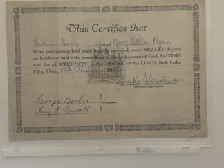 Sealing Certificate of William Perry and Mary Ellen Ryan 1927